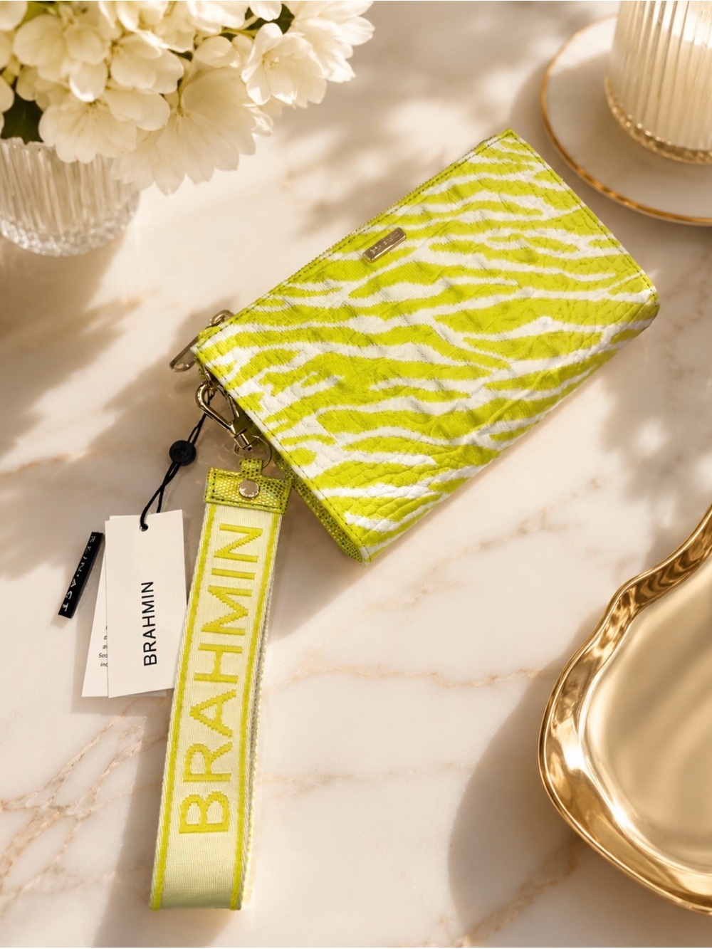 NWT Brahmin Neon Lime Zebra-Print Wristlet Wallet